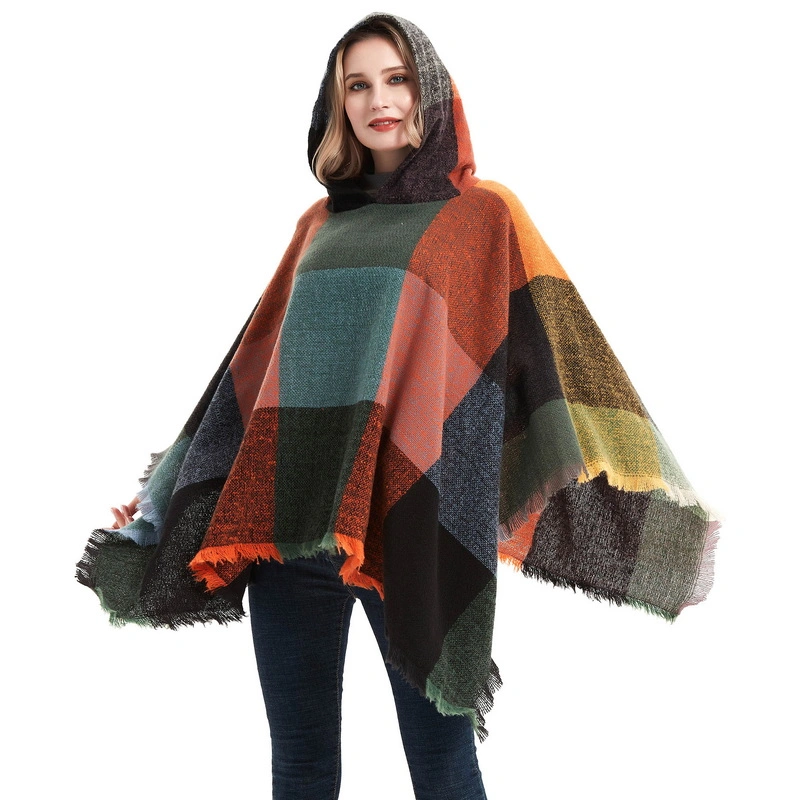 Warm Plaid Hooded Poncho Shawl Wrap for Ladies