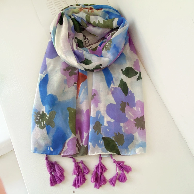 Fresh Light Purple Floral Light and Thin Gauze Seaside Beach Silk Scarf Summer Sunscreen Shawl Spring and Autumn Cotton Yarn Scarf