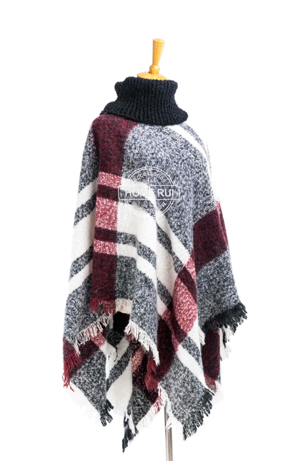Spring Autumn Woman Lady Warm Fashion Woven Polyester Boucle Yarn Brushed Black Mixed Colour Fringe Pullover Wraps Grids Plaid Checks Shawl Turtleneck Poncho