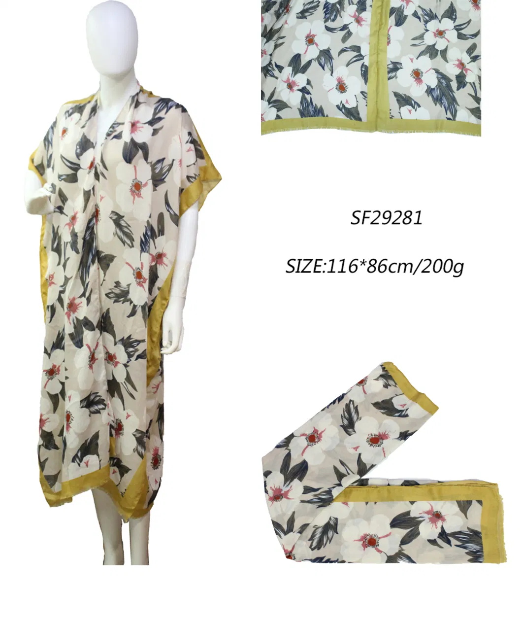 Lady&prime; S Shawl Poncho with Big Flower Kimono Mustard Edge Beach Fashion Summer 2022