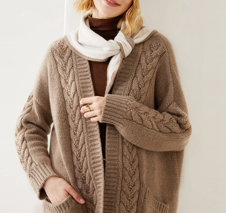 Autumn Winter Ladies 100% Fine Cashmere Cable Knitted Long Cardigan Coat