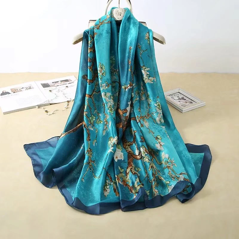 Spring Floral Print Long Silk Feeling Scarf for Women