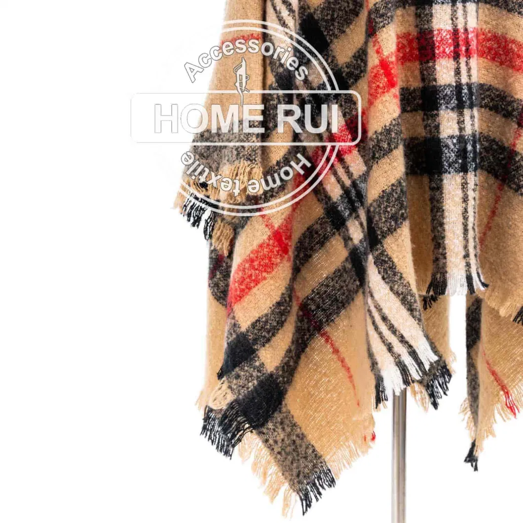 Spring Autumn Woman Lady Warm Fashion Woven Acrylic Boucle Yarn Brushed Brown/Camel Colour Fringe Pullover Wraps Grids Plaid Checks Shawl Turtleneck Poncho