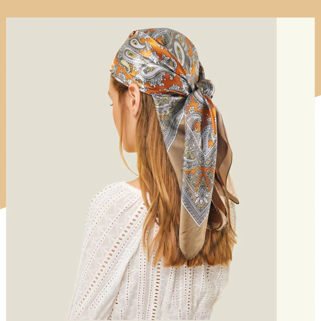 Wholesale Fashion Square Satin Scarf Digital Printing Silk Feeling Headscarf for Women