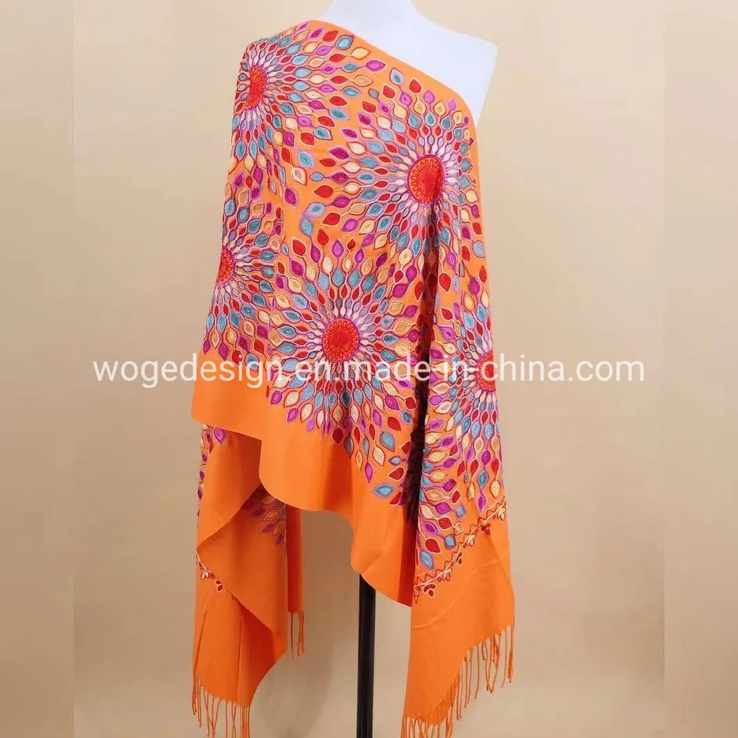 Yiwu Manufacturer Bulk Produce Embroidery Cashmere Floral Scarves Muffler Muslim Pashmina