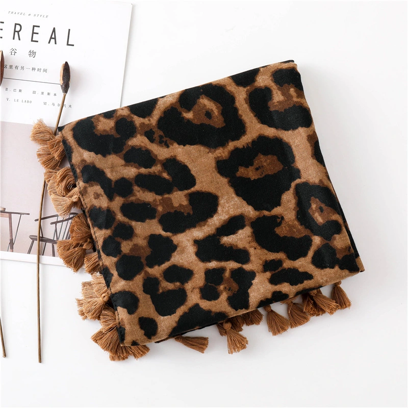 Female Autumn Winter Classic Leopard Print Animal Pattern Shawl Tassel Hijab Scarf