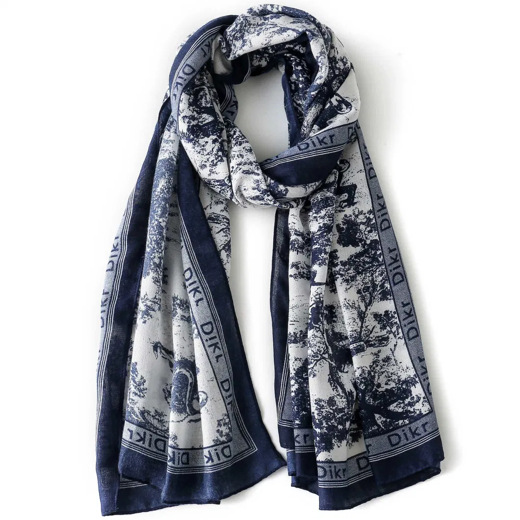 Custom Spring Elegant Lightweight Floral Printed Neck Scarf Wrap for Ladies