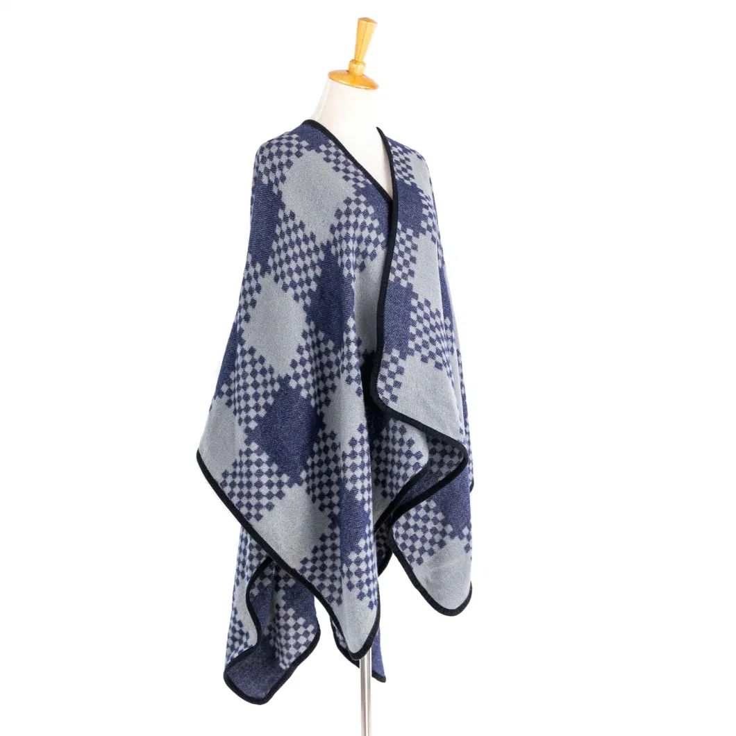 Outerwear Spring Autumn Woman Apparel Oversize Double Sides Grey Block Soft Front Open Lattice Tartan Grids Dots Square Art Casual Sweaters Cape Pallium Poncho