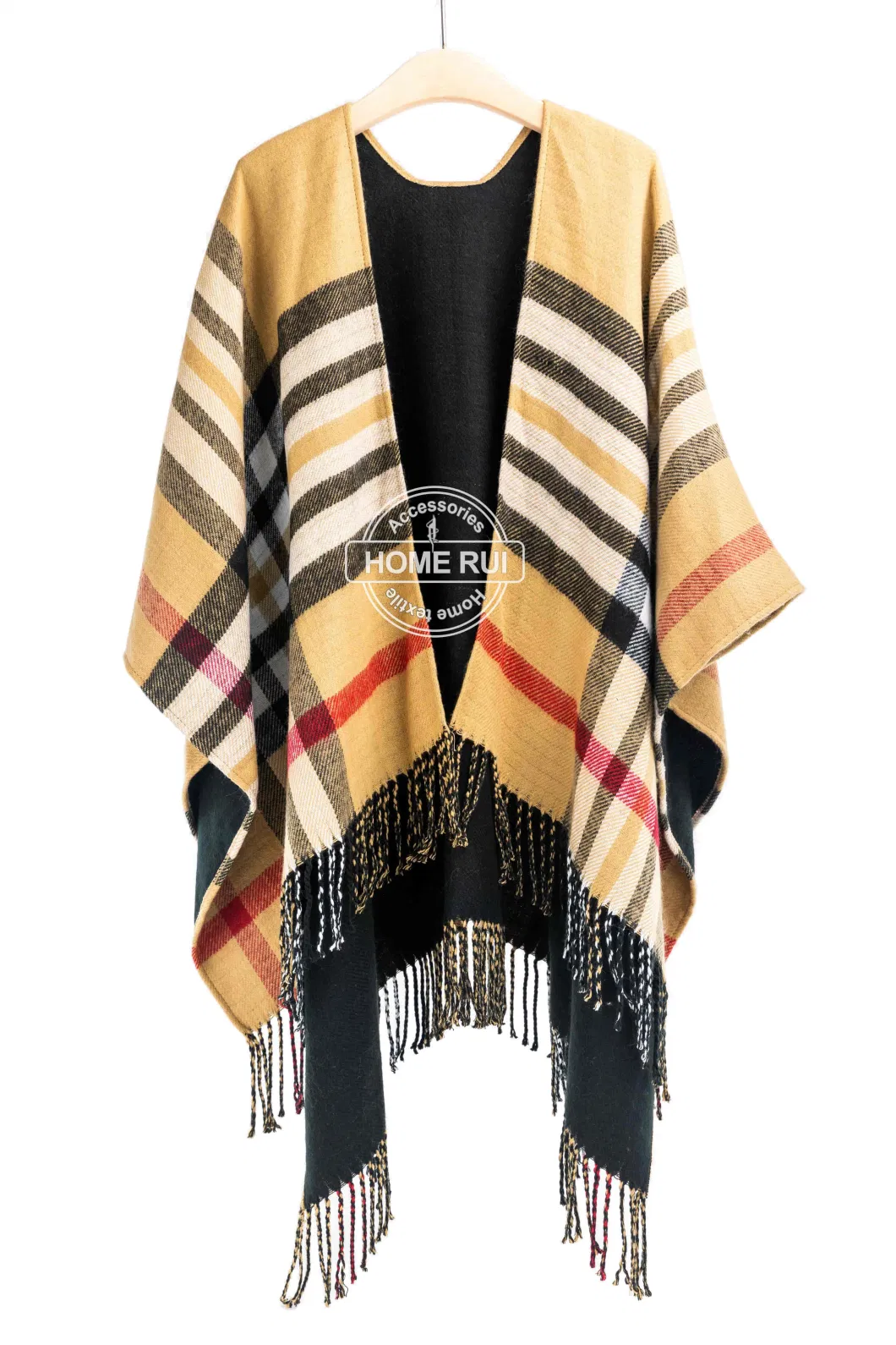 Spring Autumn Woman Lady Warm Fashion Acrylic Woven Camel Black Mixed Yarn Wraps Grids Plaid Checks Fringe Shawl Poncho Pallium