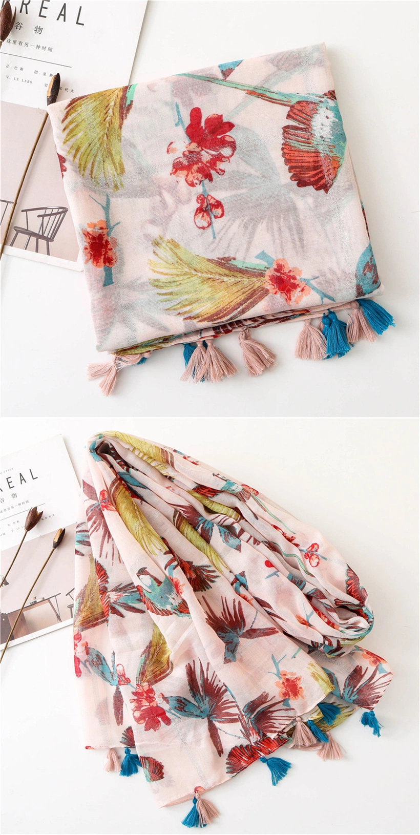 Women&prime;s Head Wrap Beach Shawl Flowers Printing Floral Smooth Soft Hand Feeling Pink Lady&prime;s Spring Summer Fashion Scarf for Girl with Silver Lurex Tassel