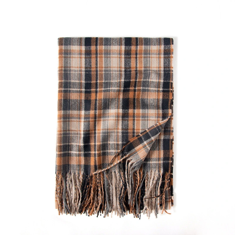 Women&prime;s Autumn and Winter Colorful Plaid Shawl Thickening Warm Fringe Warm Soft Large Blanket Scarf