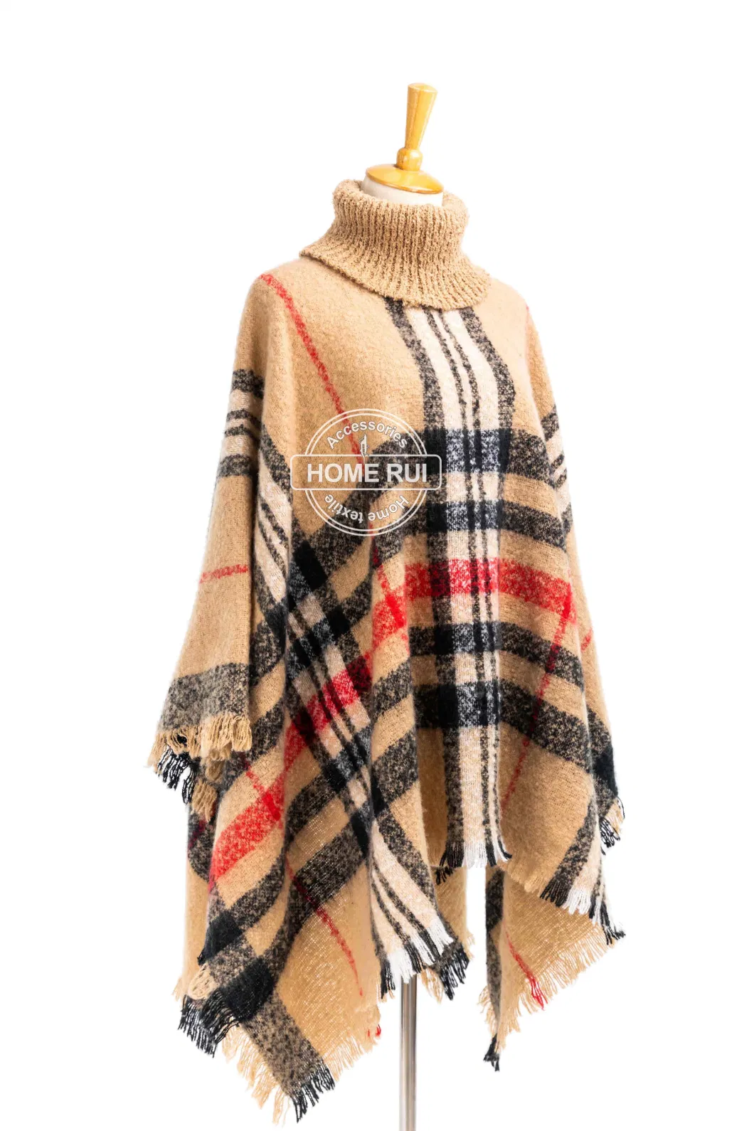 Spring Autumn Woman Lady Warm Fashion Woven Acrylic Boucle Yarn Brushed Brown/Camel Colour Fringe Pullover Wraps Grids Plaid Checks Shawl Turtleneck Poncho