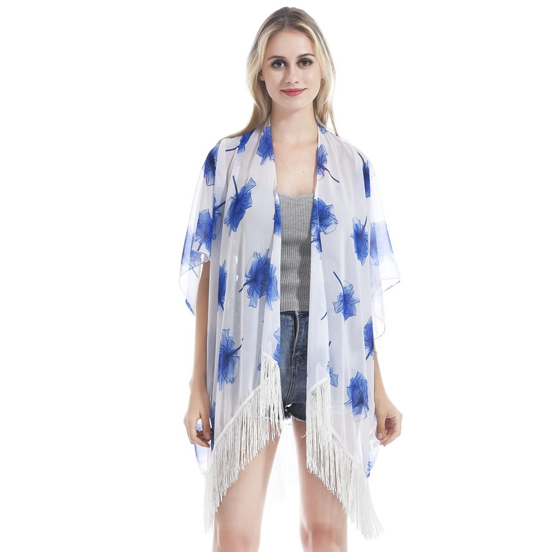 Custom Summer Floral Print Kimono Poncho with Tassel for Women