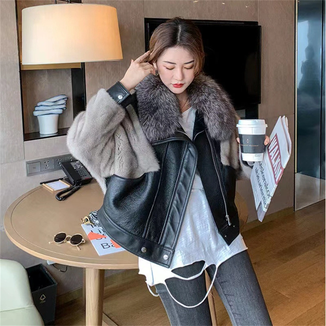 Lady Coat Winter Faux Fox Fur Splicing Leather Contrasting Colors Fur Collar Jackets Xysx03158 Outdoor Leisure Fashion Long Sleeve Coats