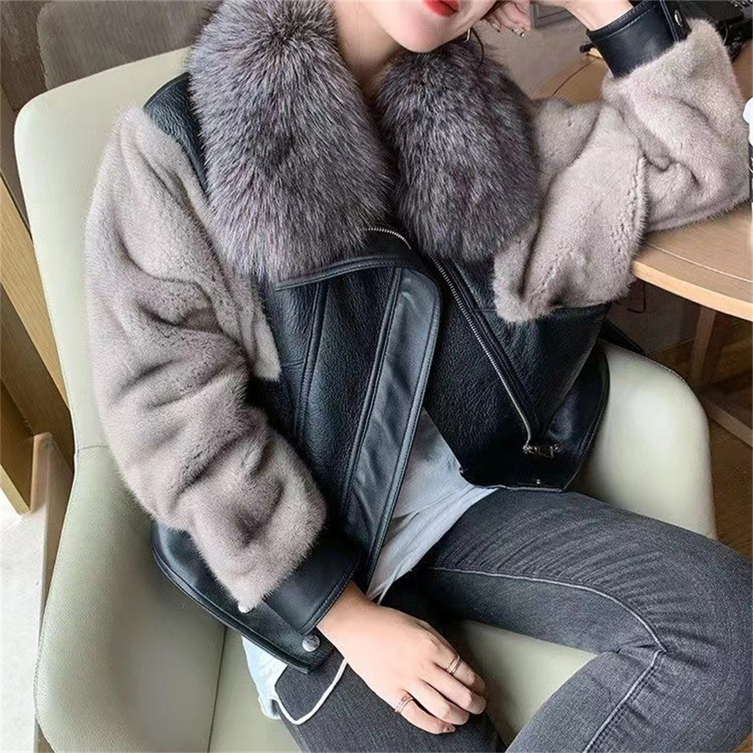 Lady Coat Winter Faux Fox Fur Splicing Leather Contrasting Colors Fur Collar Jackets Xysx03158 Outdoor Leisure Fashion Long Sleeve Coats