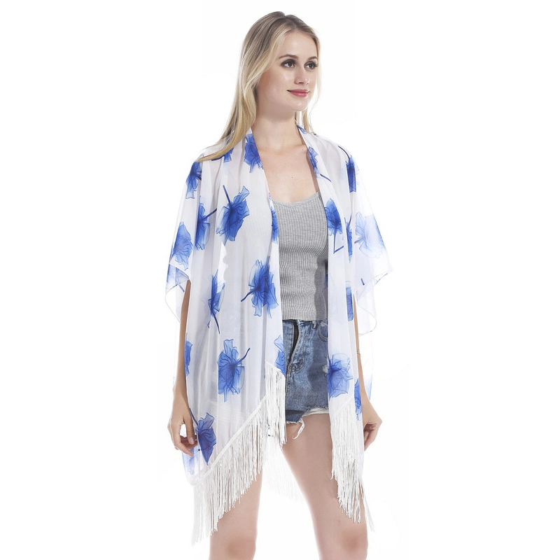 Custom Summer Floral Print Kimono Poncho with Tassel for Women