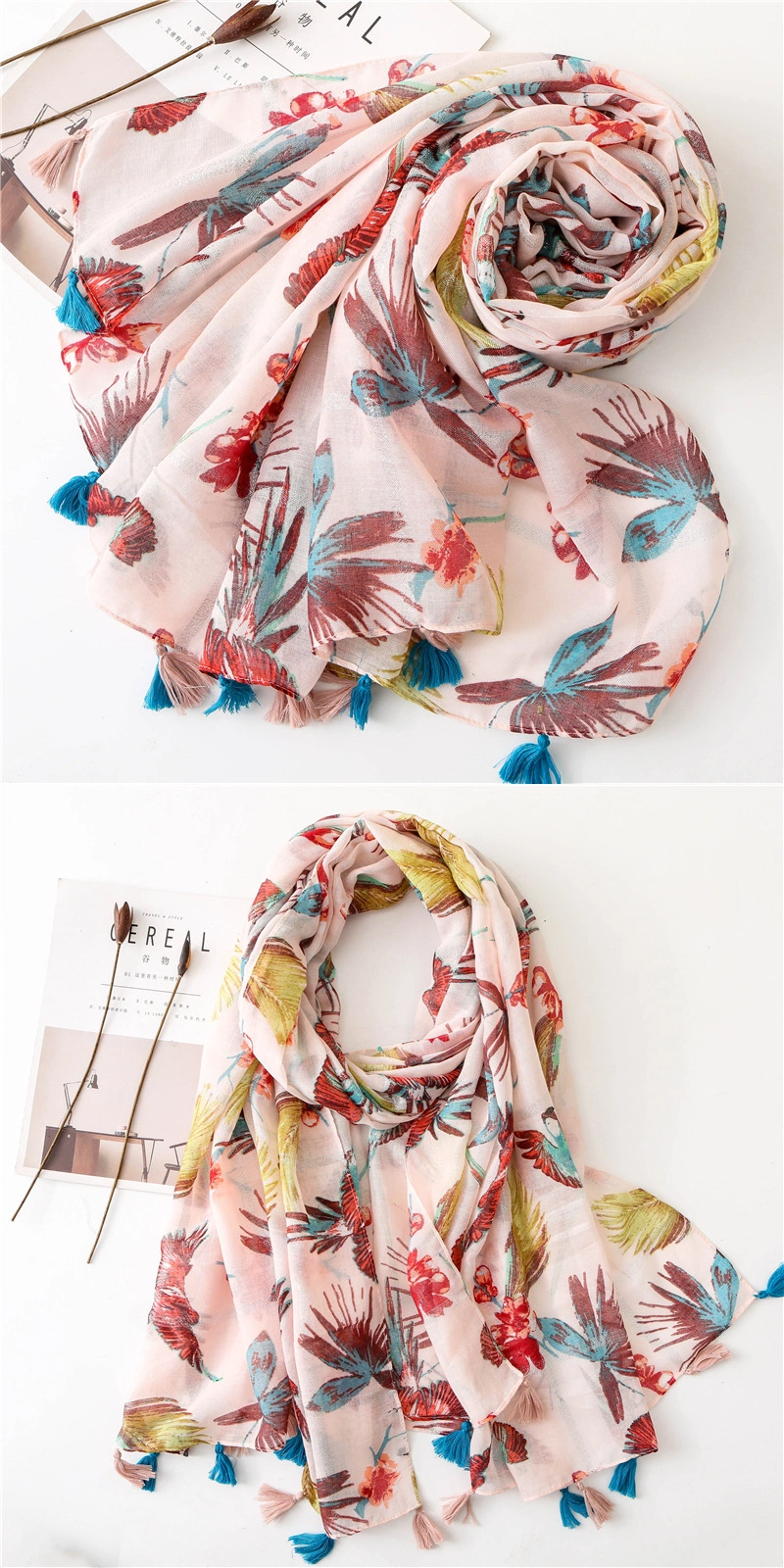 Women&prime;s Head Wrap Beach Shawl Flowers Printing Floral Smooth Soft Hand Feeling Pink Lady&prime;s Spring Summer Fashion Scarf for Girl with Silver Lurex Tassel
