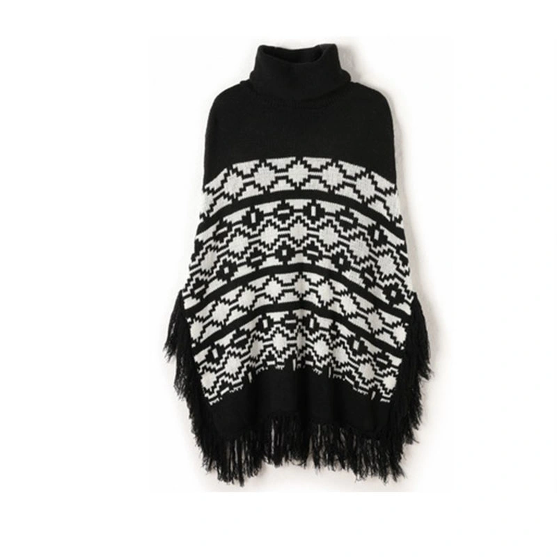 Women&prime;s High Elegant Cape Cape Jacquard Knit Fringe and Turtleneck