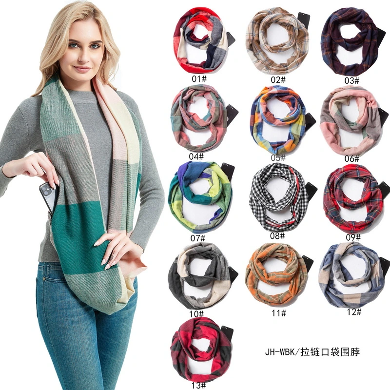 Wholesale Plaid Knitted Infinity Scarf with Pocket for Women