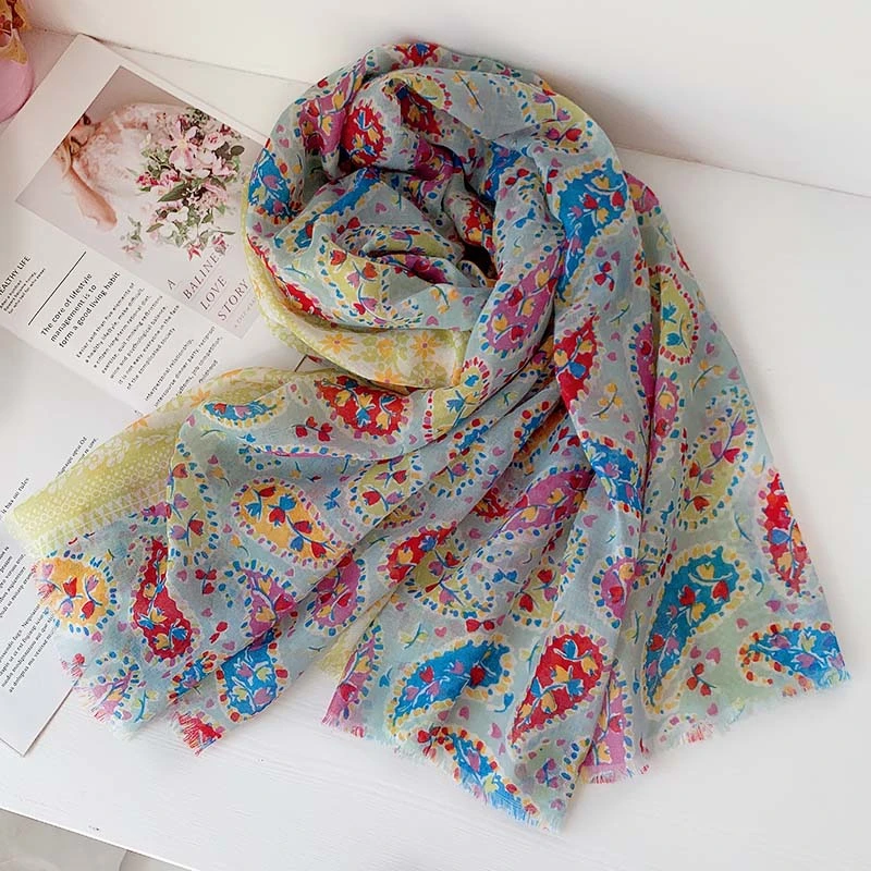 2022 Spring and Autumn Thin Section Small Fresh Fruit Green Yellow Cashew Flower Cotton Linen Scarf Female Sunscreen Shawl Shawl