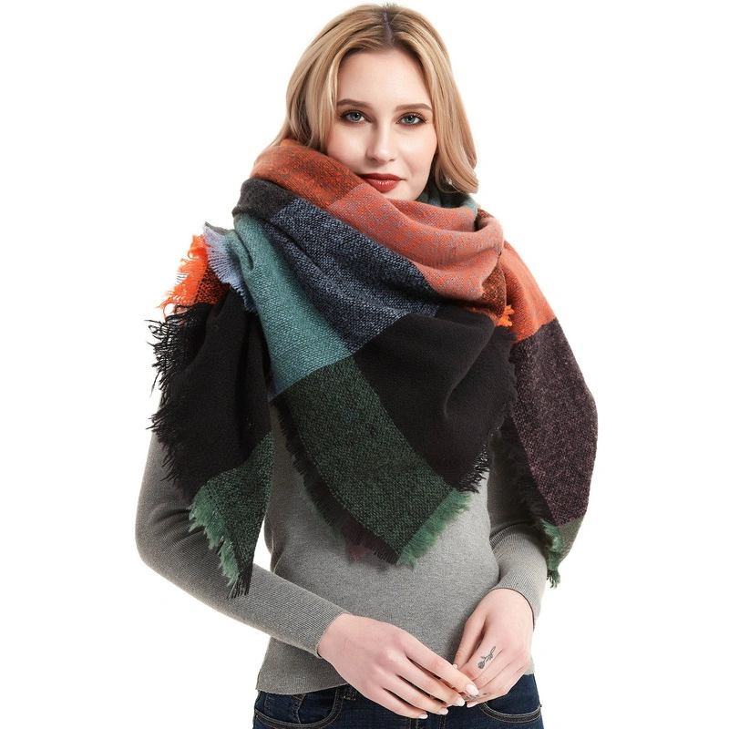 Wholesale Classic Women Plaid Square Scarf with Fringe