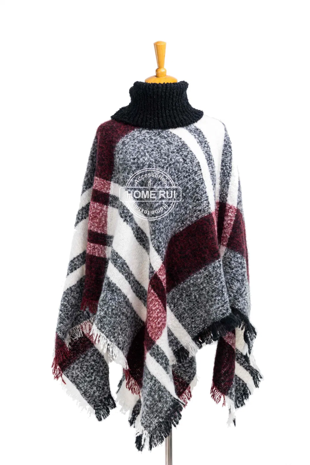 Spring Autumn Woman Lady Warm Fashion Woven Polyester Boucle Yarn Brushed Black Mixed Colour Fringe Pullover Wraps Grids Plaid Checks Shawl Turtleneck Poncho