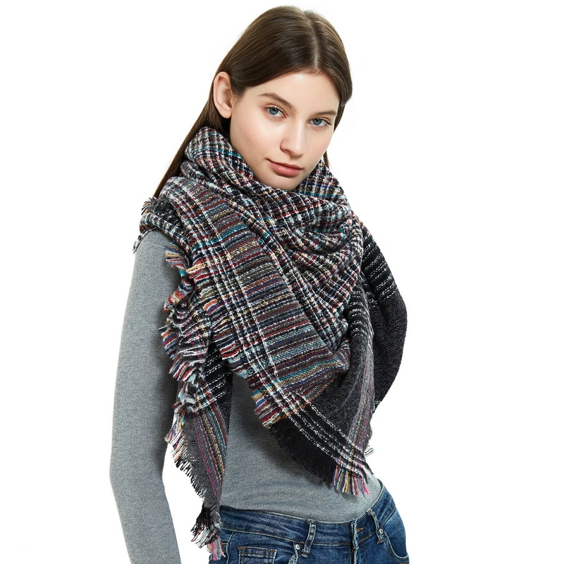 Customise Women Stylish Plaid Square Scarf with Fringe