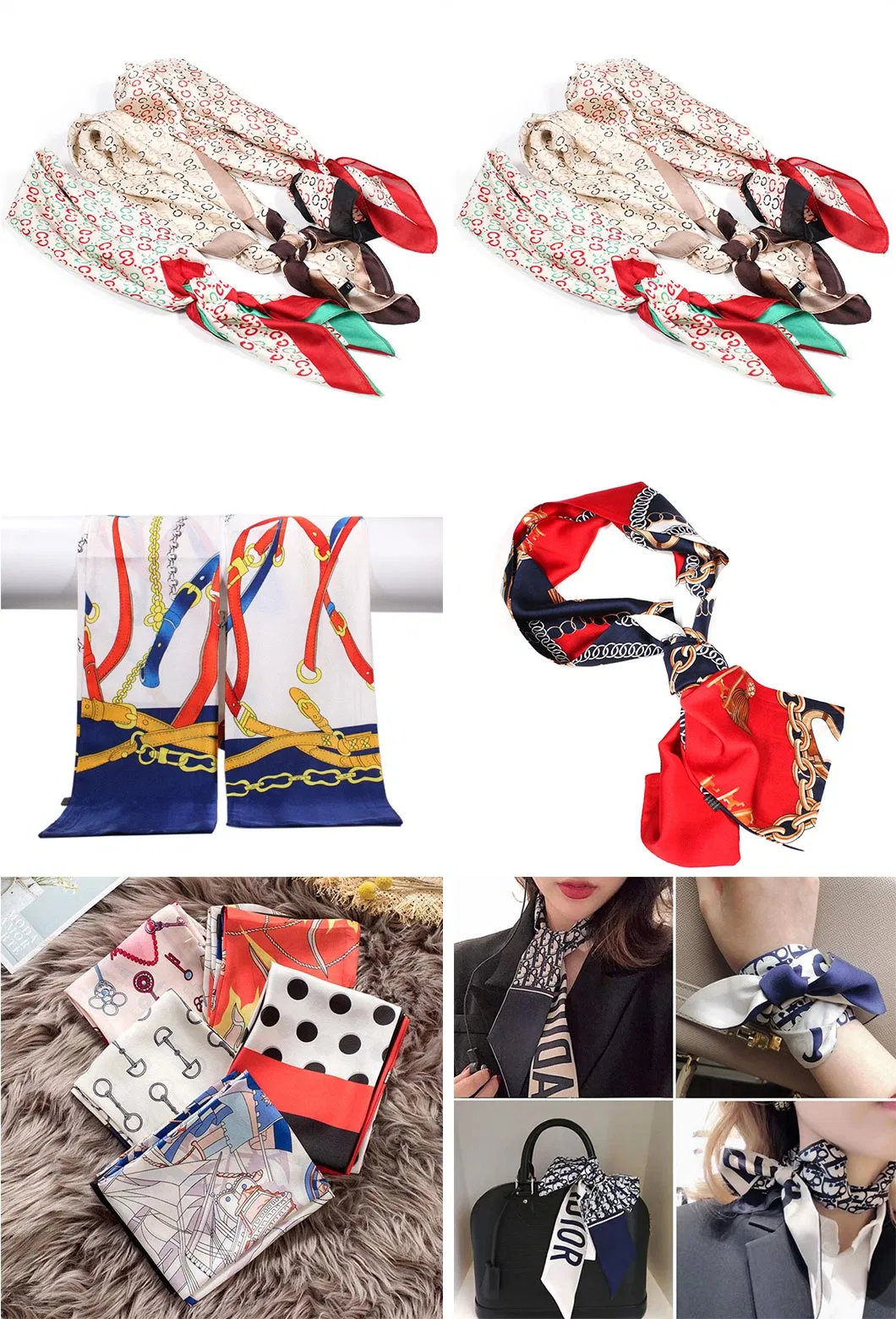 Wholesale Korean Version Embellished Silk Scarf Vintage Ins Tied Hair Ribbons Cure Blue Thin Long Silk Scarf