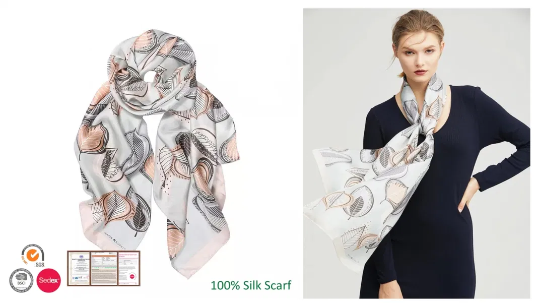 Women&prime;s 100% Mulberry Long Pattern Silk Chiffon Georgette Scarf Floral Print Scarf Wrap Shawl