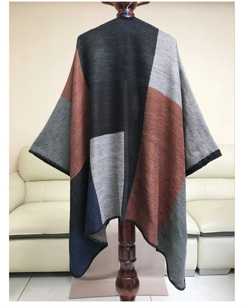 Winter Outdoor Warm Poncho for Women Big Checkered Ladies Cape Shawl