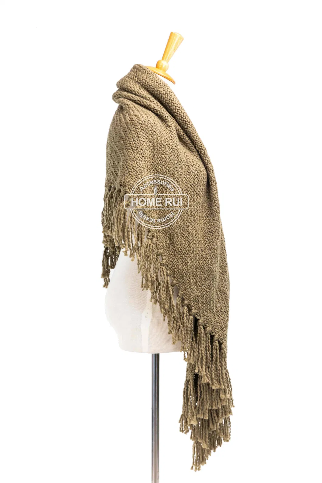 Spring Autumn Woman Lady Warm Fashion Acrylic Woven Solid Brown Oversize Wraps Twill with Fringes Poncho Shawl