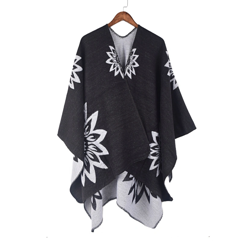 Winter Soft Floral Flower Scarf Shawls Warm Jacquard Poncho Split Women Cape