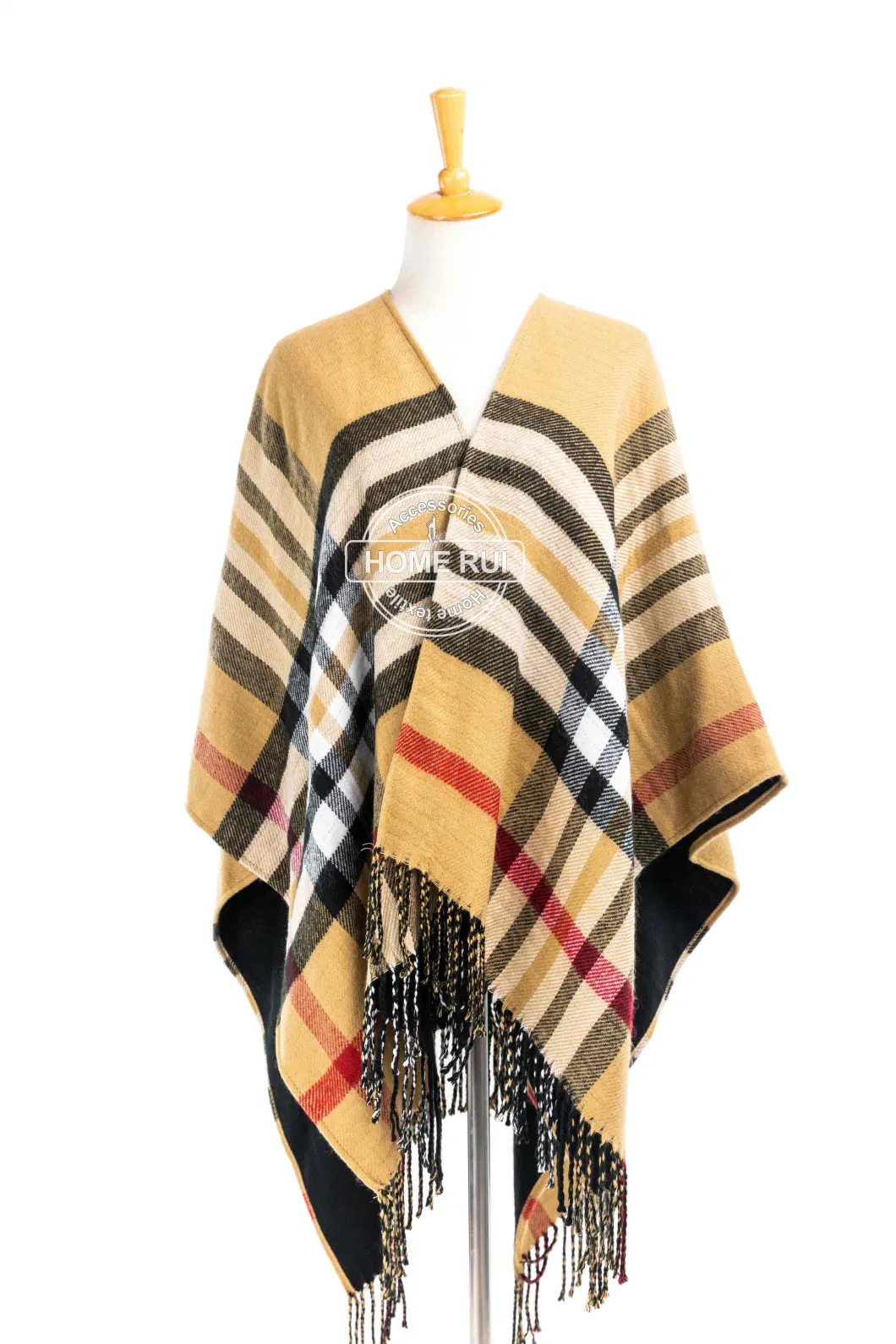 Spring Autumn Woman Lady Warm Fashion Acrylic Woven Camel Black Mixed Yarn Wraps Grids Plaid Checks Fringe Shawl Poncho Pallium