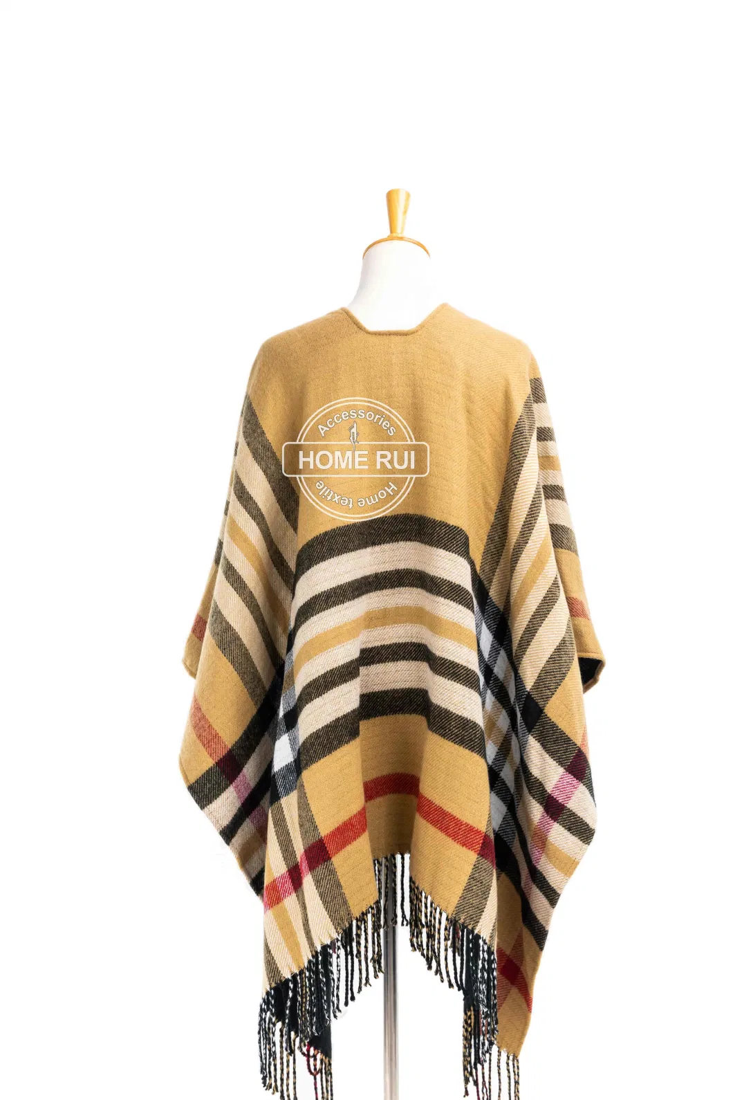 Spring Autumn Woman Lady Warm Fashion Acrylic Woven Camel Black Mixed Yarn Wraps Grids Plaid Checks Fringe Shawl Poncho Pallium