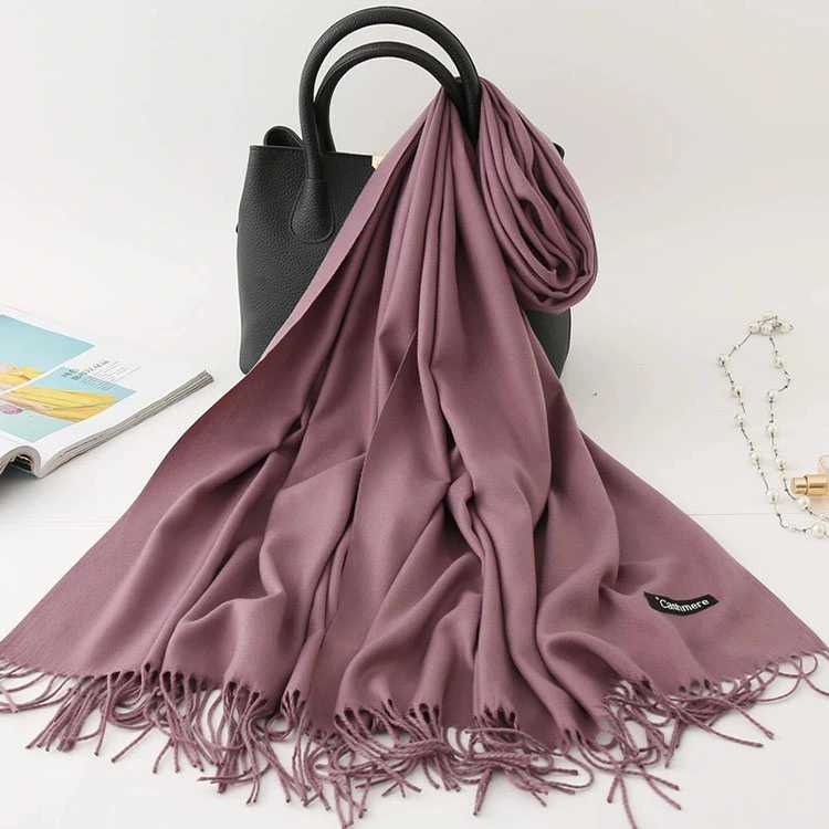 Custom Winter Warm Hijabs Pashmina Shawls with Tassel Solid Color Thick Women Cashmere Scarf