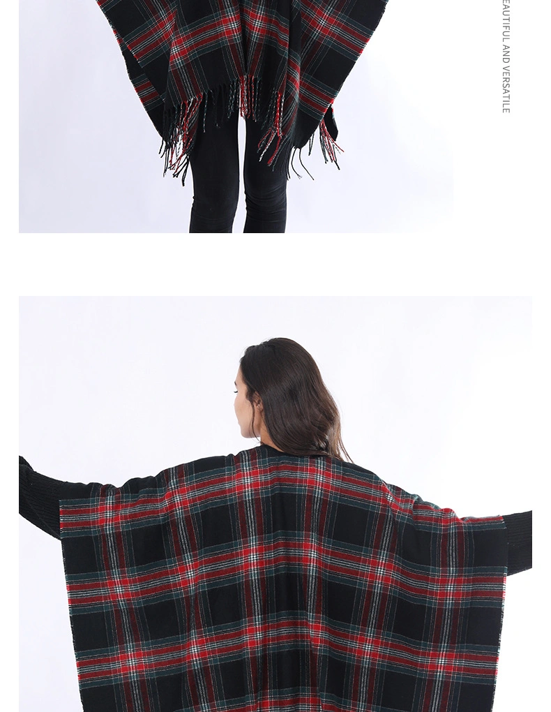 New European and American Plaid Autumn and Winter Outerwear Cape Shawl Imitation Cashmere Tassel Scarf for Women