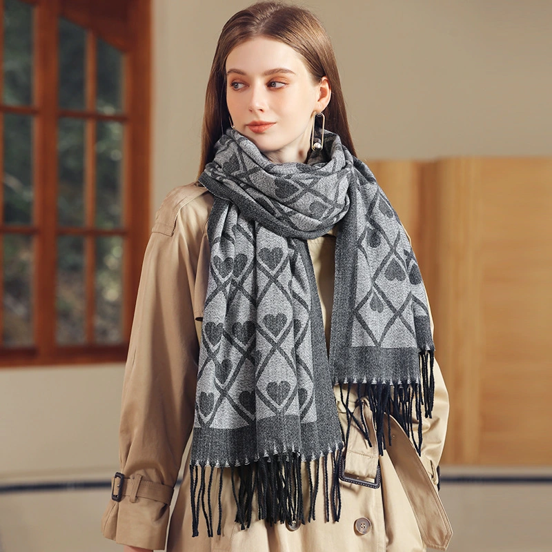 New Style Autumn and Winter Love Print Plaid Fashion Tassel Warm Lady Scarf