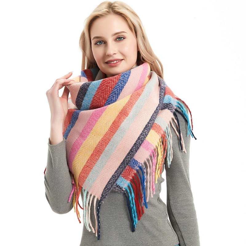 Oversized Colorful Striped Print Women Square Shawl Scarf with Fringe