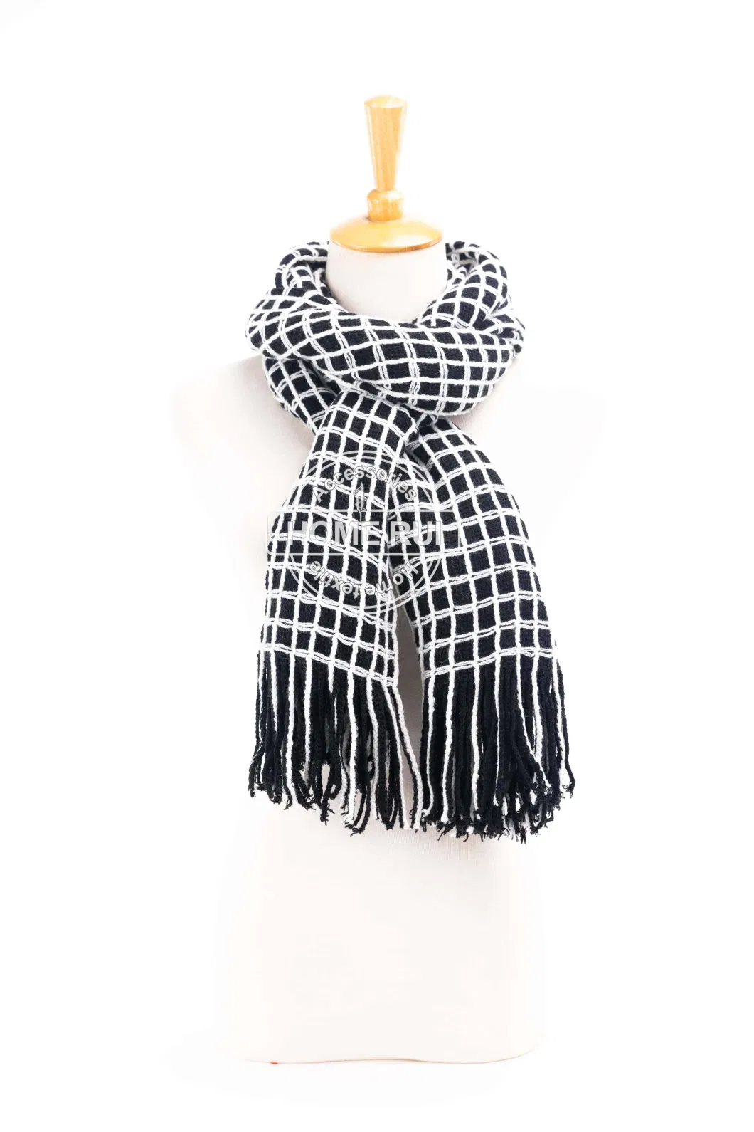 Fashion Accessory Unisex Men Women Winter Black White Acrylic Woven Fringe Plaid Grids Checks Jacquard Brushed Long Scarf