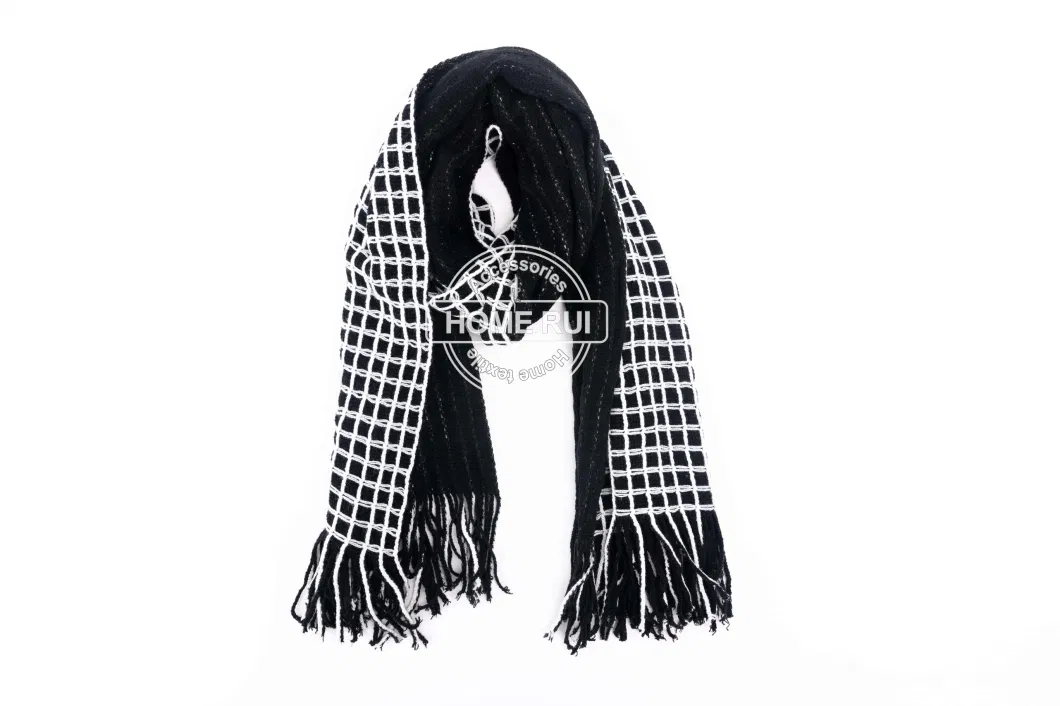 Fashion Accessory Unisex Men Women Winter Black White Acrylic Woven Fringe Plaid Grids Checks Jacquard Brushed Long Scarf