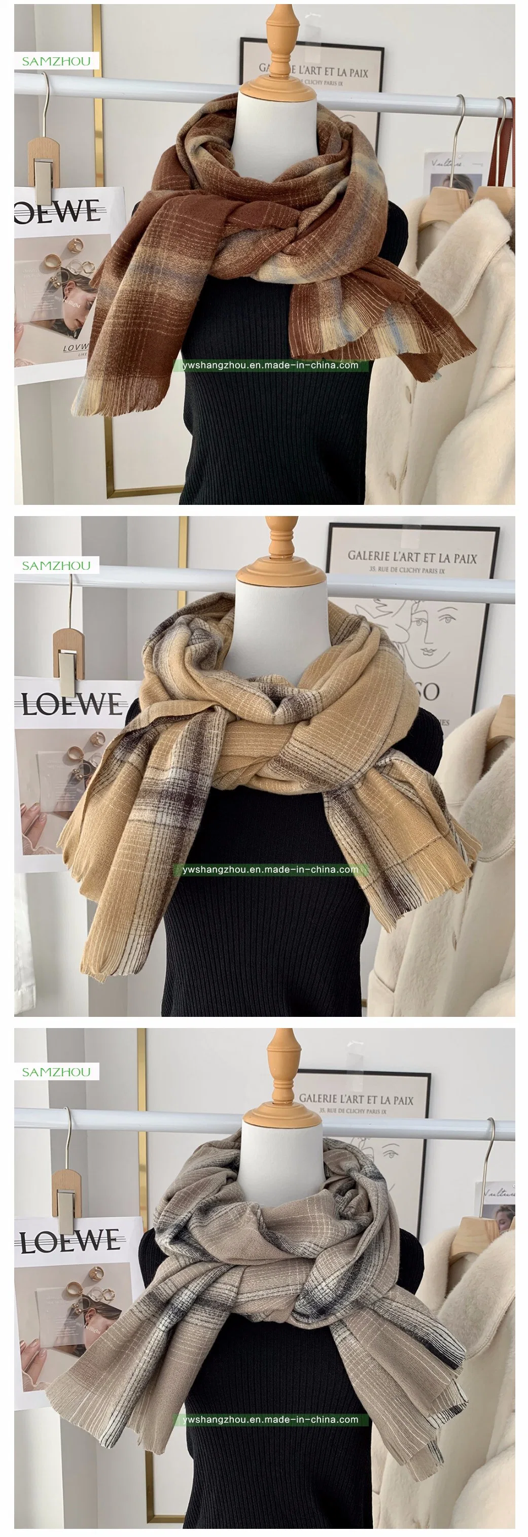 Soft Plaid Scarf Fashion Lady Cashmere Long Shawl with Tassel Winter