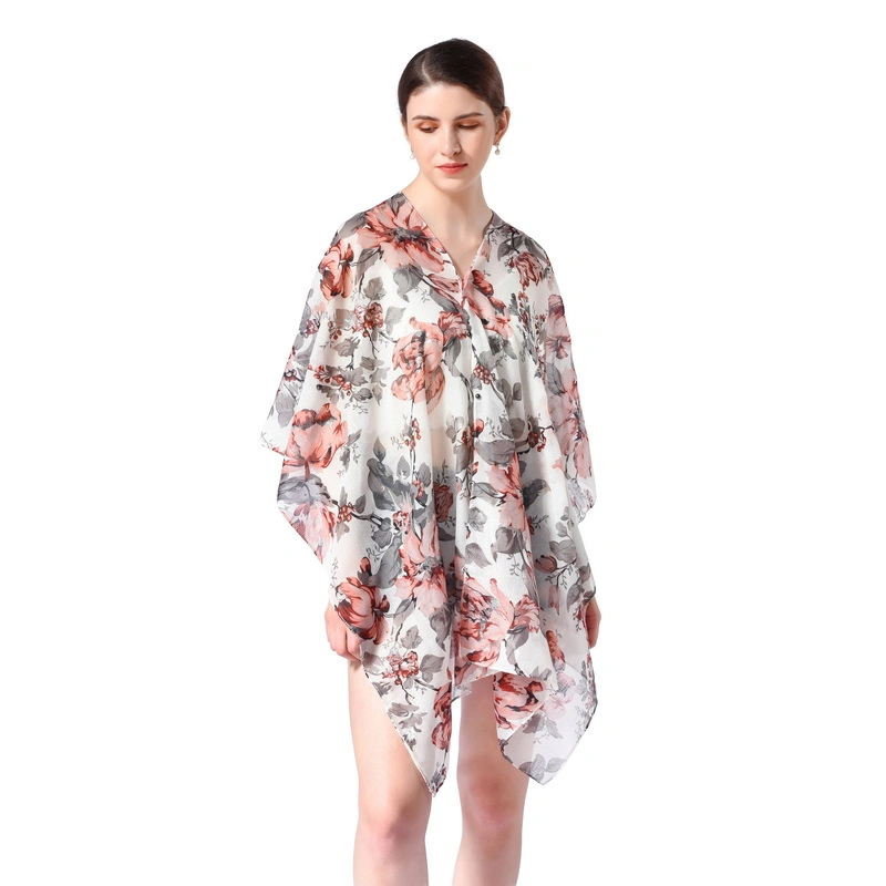 Summer Beach Floral Print Women Kimono Poncho with Buttons