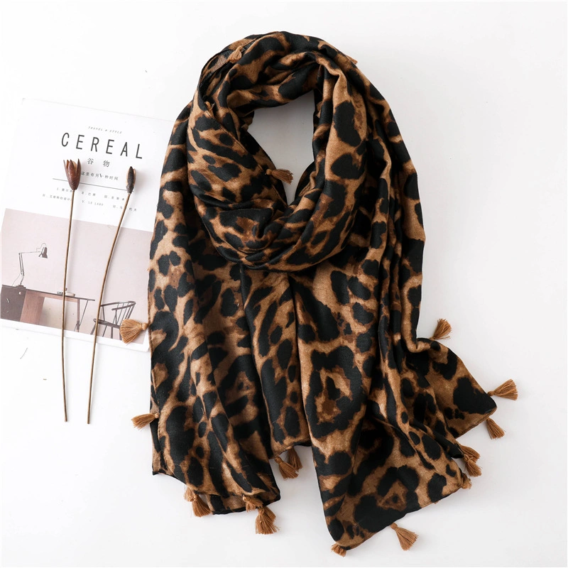 Female Autumn Winter Classic Leopard Print Animal Pattern Shawl Tassel Hijab Scarf