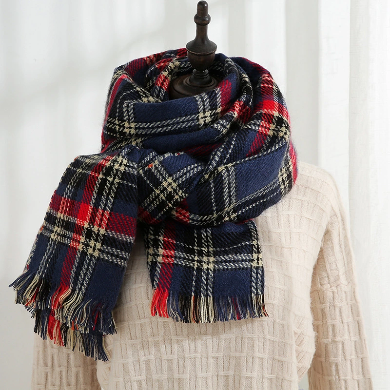 Double-Sided Plaid Multi-Color Winter Cashmere Tassel Classic Retro Polyester Cotton Lady Scarf