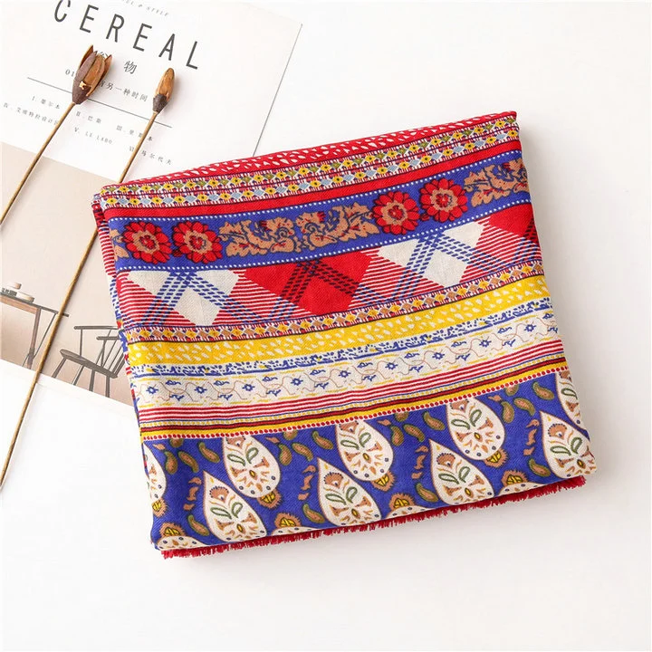 Bohemian Ethnic Printing Scarf Boho Patchwork Prints Shawl Macrame Lace Tassels Autumn Hijab Geometry Cotton Feeling Twill Scarf for Women