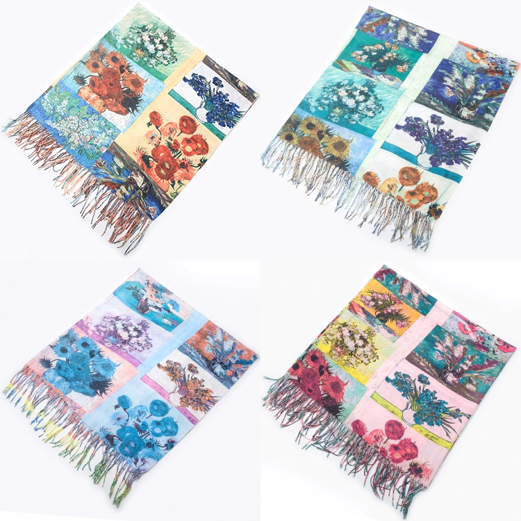 Lightweight Floral Flower Spring Large Wrap Shawls Oversized Cape Tassel Scarf Linen Scarves