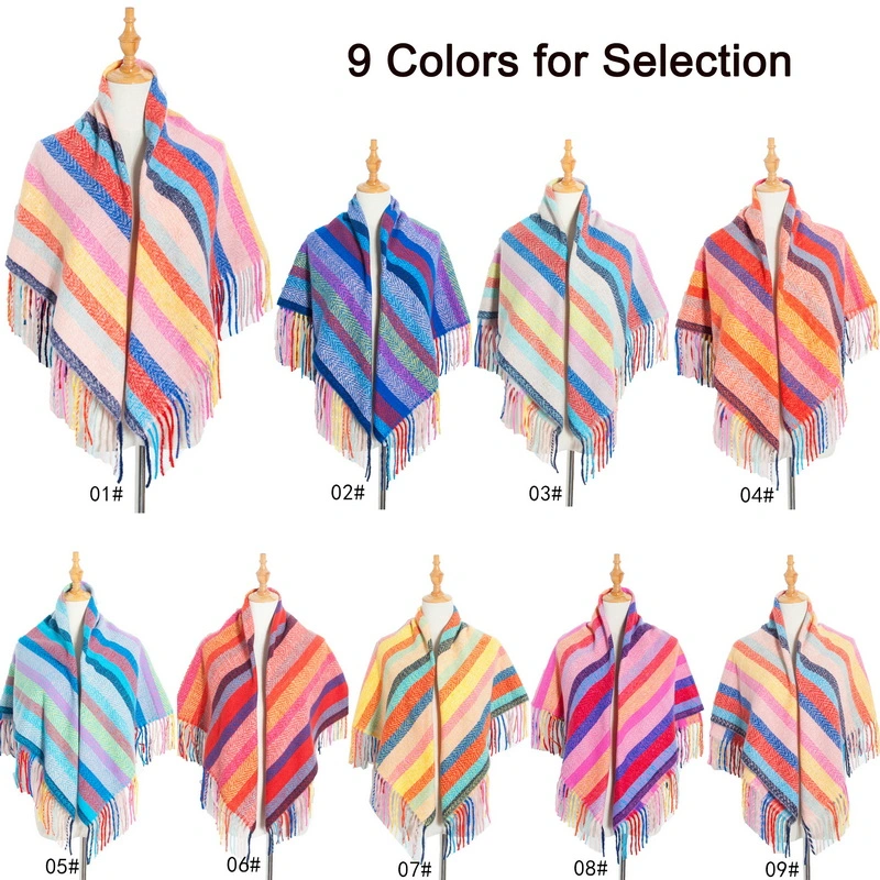 Oversized Colorful Striped Print Women Square Shawl Scarf with Fringe