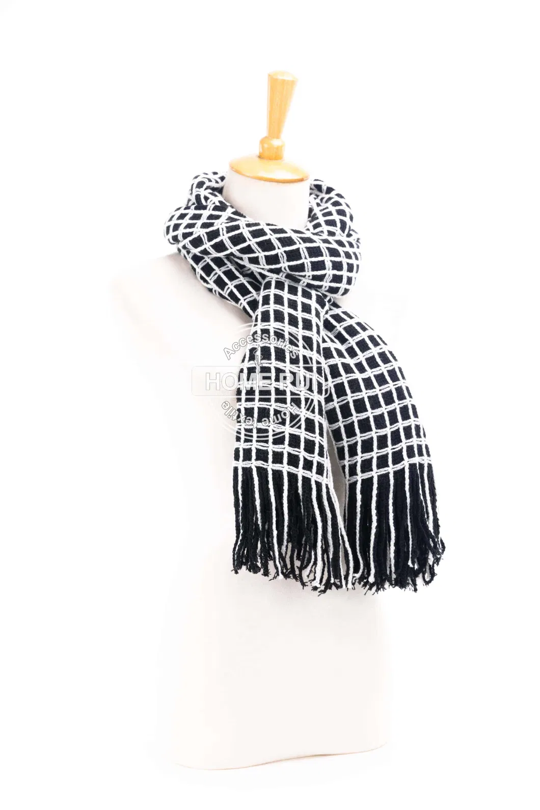 Fashion Accessory Unisex Men Women Winter Black White Acrylic Woven Fringe Plaid Grids Checks Jacquard Brushed Long Scarf