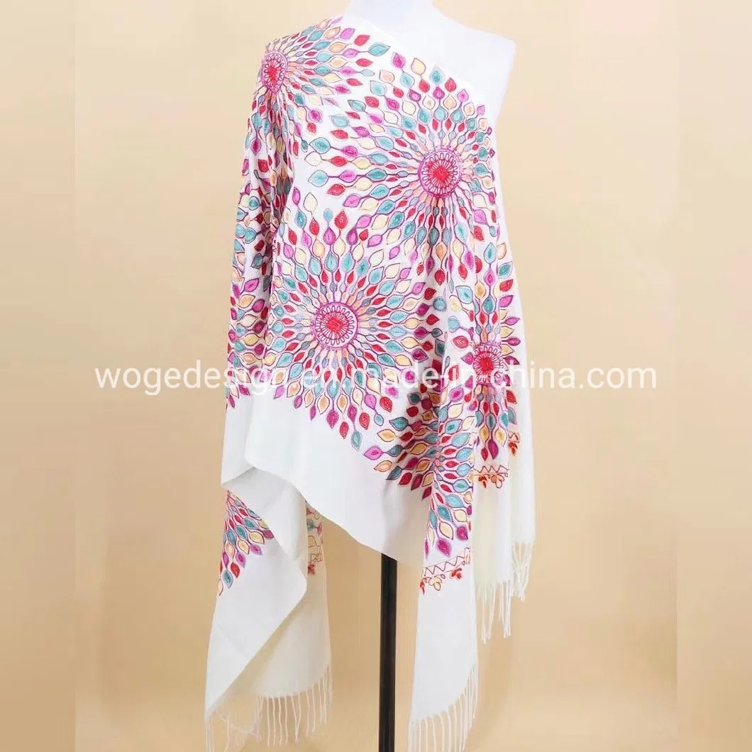 Yiwu Manufacturer Bulk Produce Embroidery Cashmere Floral Scarves Muffler Muslim Pashmina