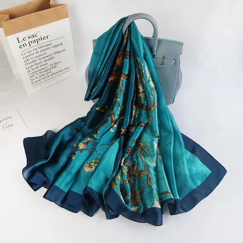 Spring Floral Print Long Silk Feeling Scarf for Women